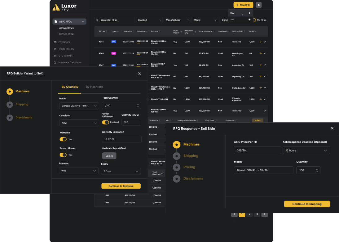 Official Luxor request-for-quote trading desk interface for Bitcoin ASIC hardware