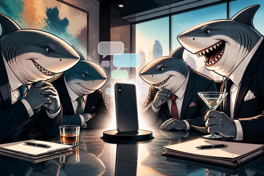 Wordless comic illustration of business sharks evaluating a smartphone that hides message bubbles.