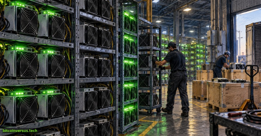 Editorial illustration of Bitcoin mining technicians moving ASIC miners for relocation at an industrial mining facility