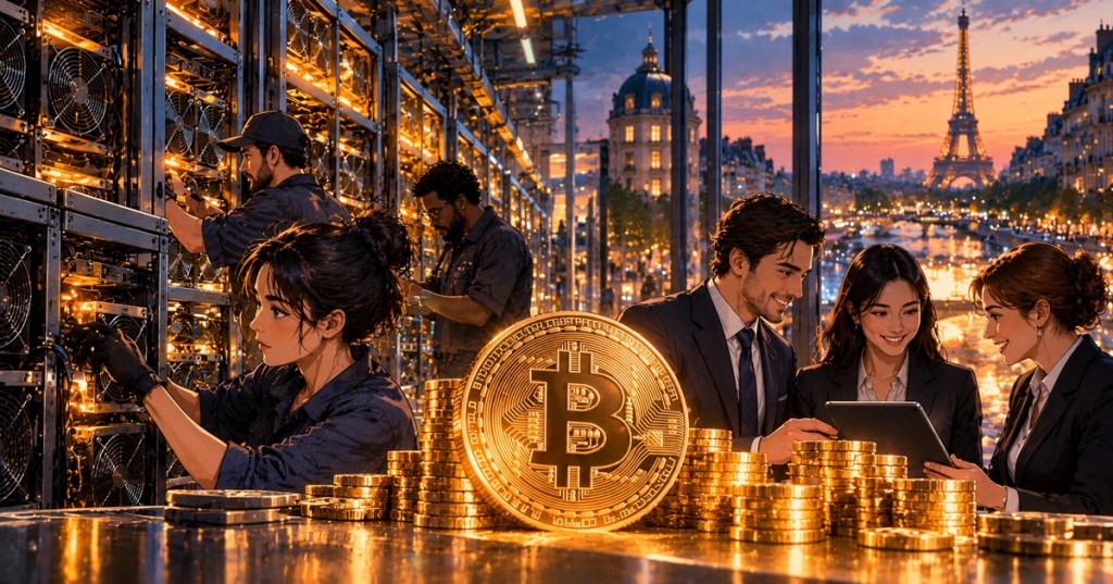 Anime-style editorial scene combining Bitcoin mining operations with Paris finance as CBI links mining profits to a share buyback.