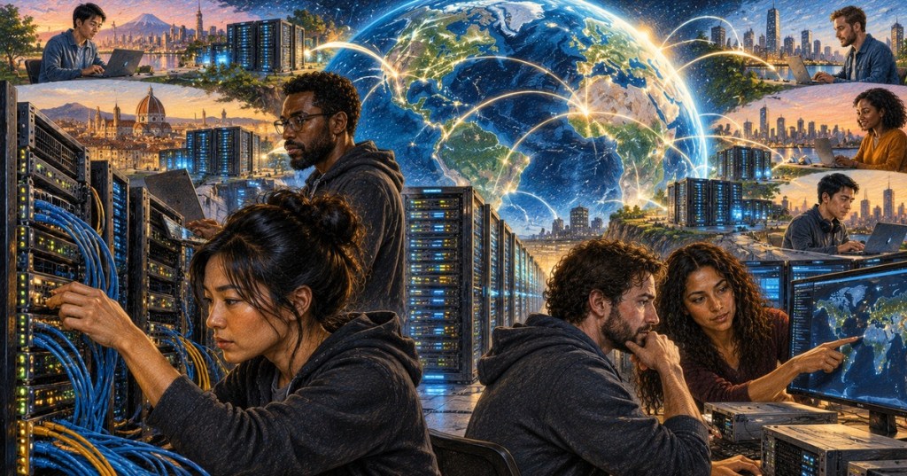 A diverse technical team works around server racks while a glowing globe shows internet content traveling between global edge locations.