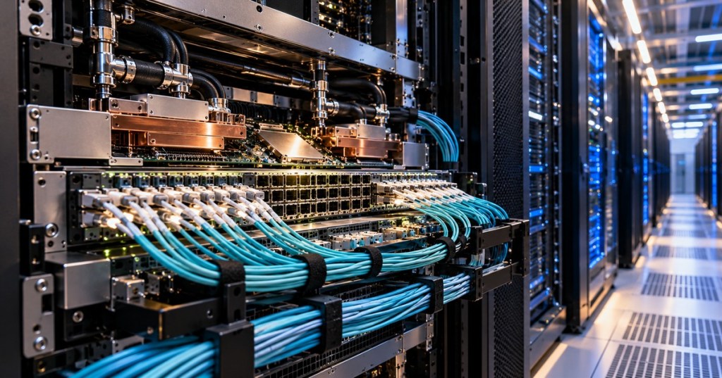 Liquid-cooled data center switch with dense fiber-optic connections in an AI networking rack