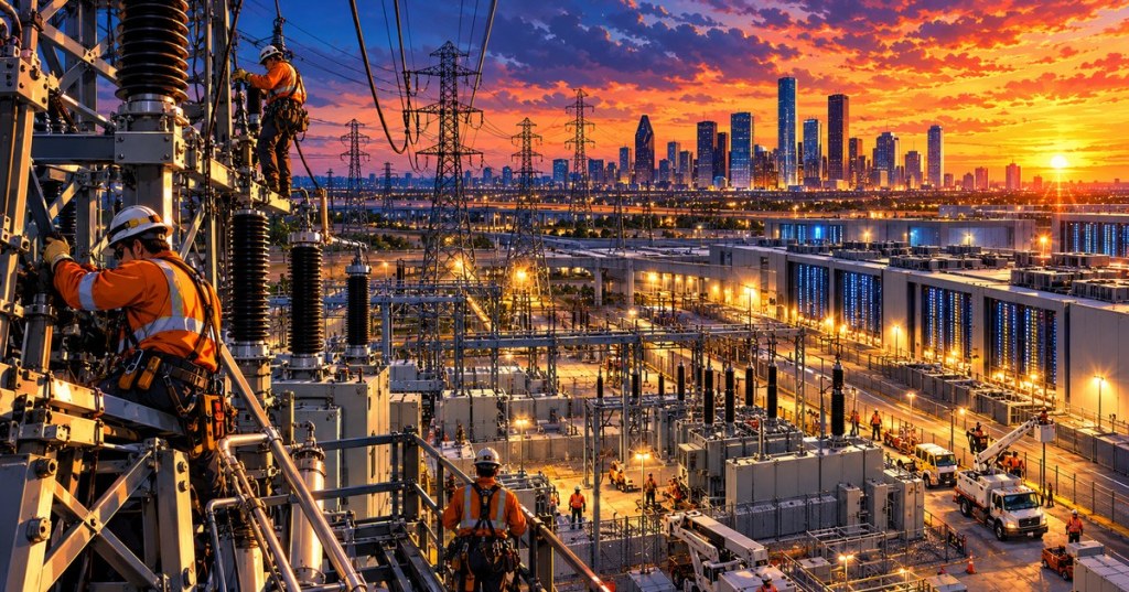 Detailed anime editorial illustration of utility workers maintaining transformers and transmission equipment at sunset with Houston skyline and industrial campuses behind them