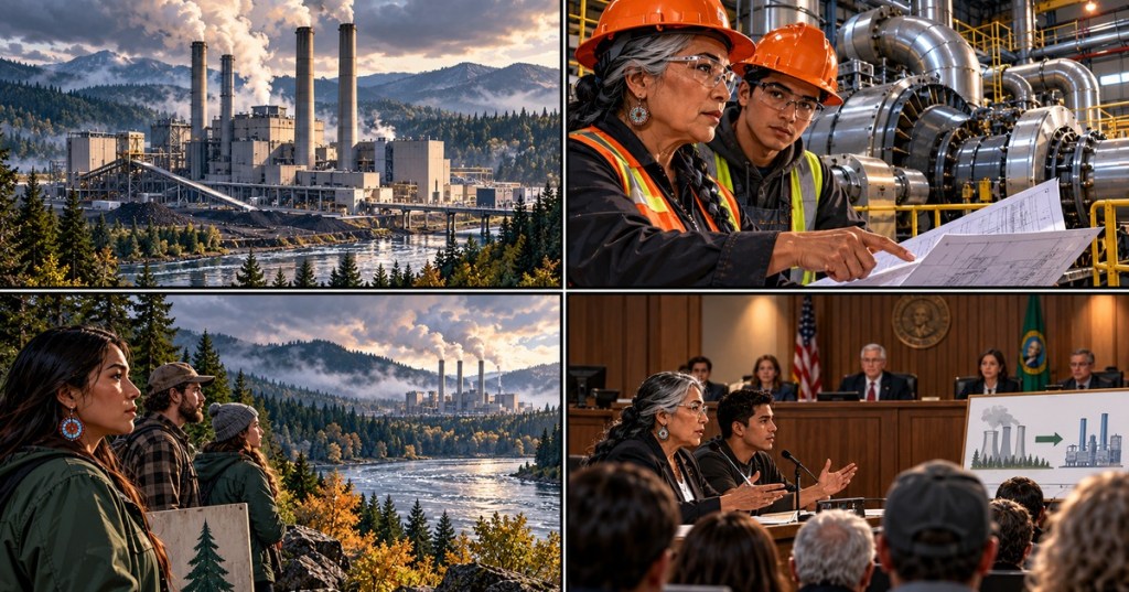 Four-panel illustrated comic of a coal plant, engineers, Washington environmental advocates and a public utility hearing