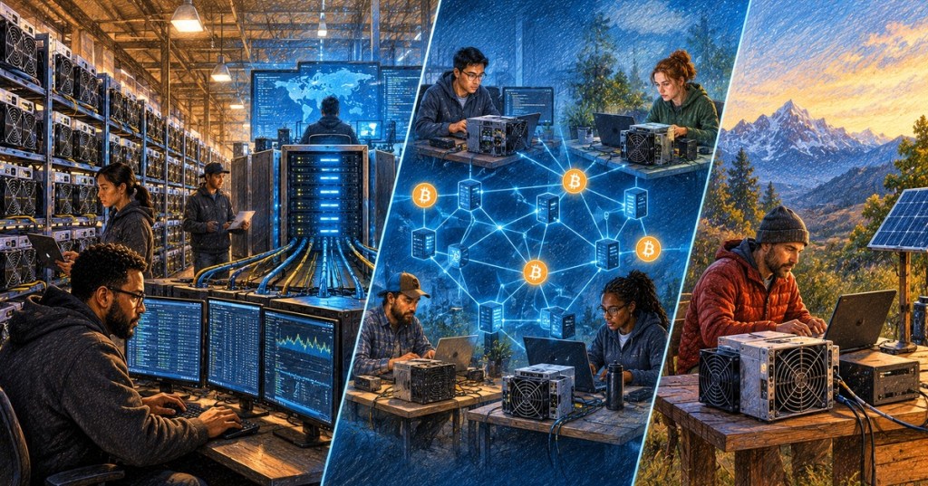 A three-part illustration contrasts an industrial centralized Bitcoin mining pool, a distributed network of independent miners, and a solo miner working with his own ASIC hardware.