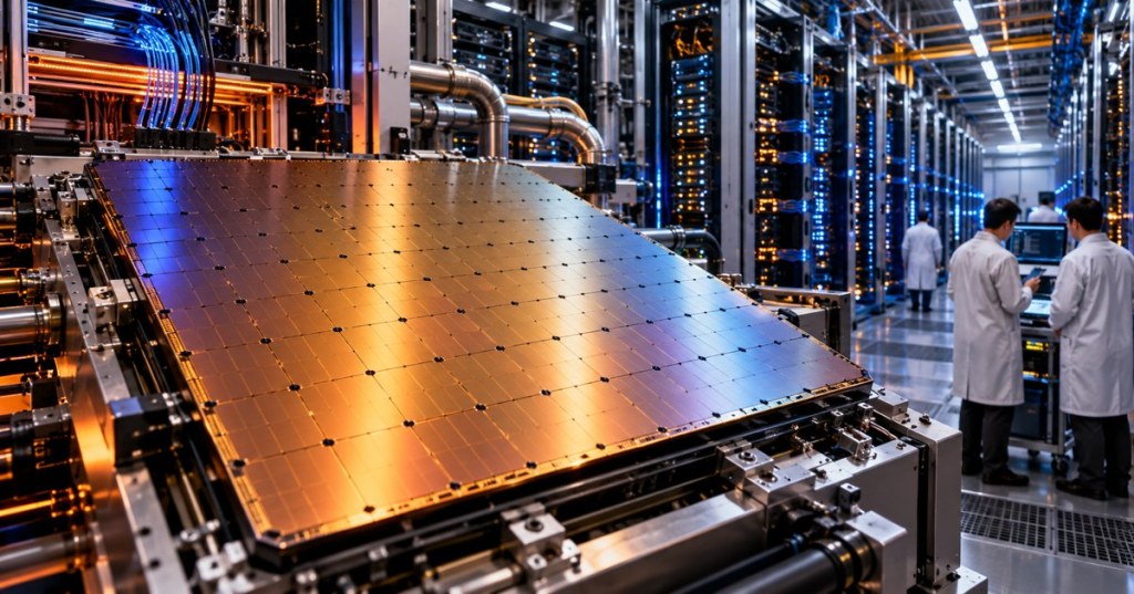 Editorial illustration of a wafer-scale AI processor inside a large data center