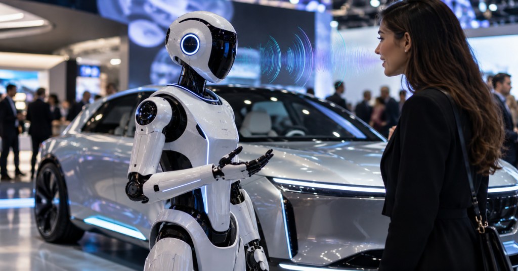 Editorial image of a humanoid robot communicating with a person beside a futuristic vehicle at a technology show.