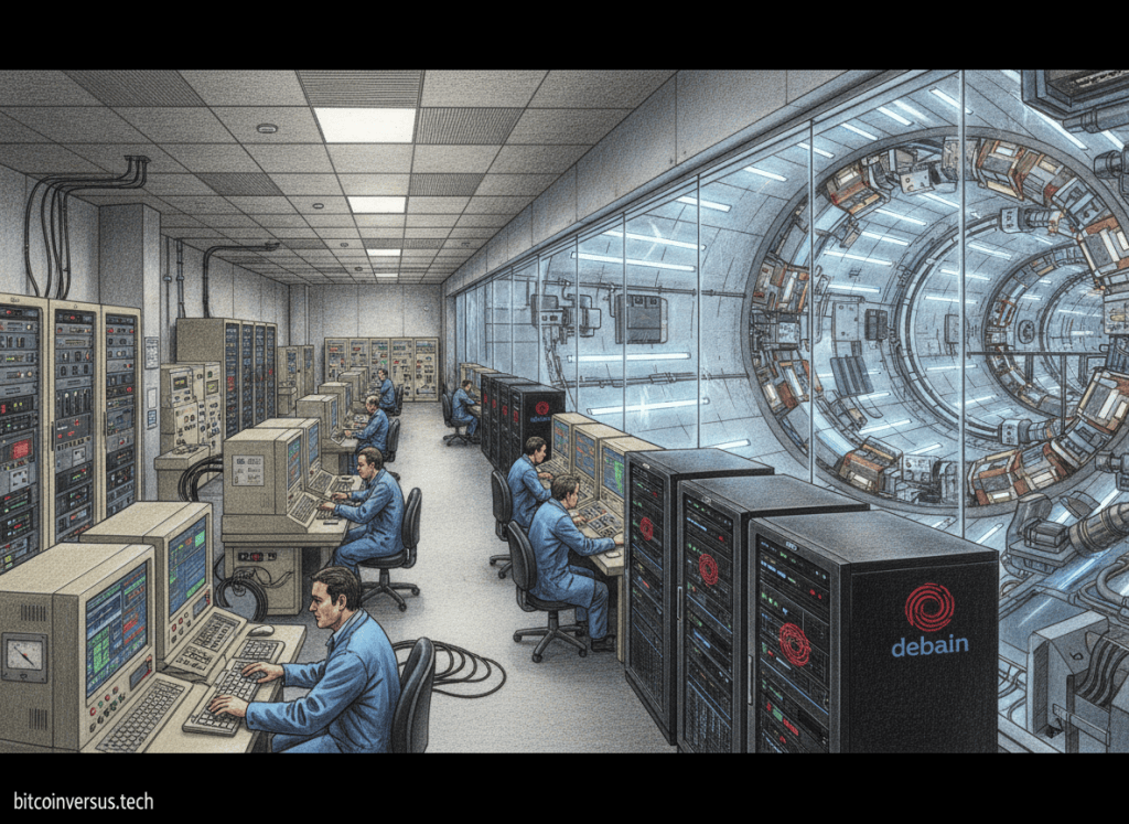 Particle accelerator control room with industrial computers transitioning to Debian Linux for accelerator control.