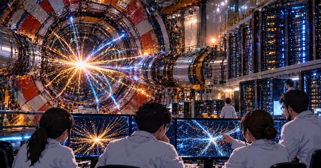 Anime-style editorial illustration of a particle detector, simulated collision tracks, scientists, and AI compute infrastructure representing CERN and Mistral's Large Physics Model.