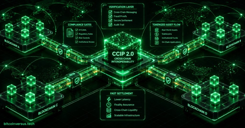 Neon green cross-chain infrastructure diagram with multiple blockchain networks connected through a central interoperability layer.