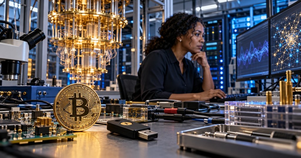 AI-generated conceptual editorial photograph of a Bitcoin token, security key and cryptography engineer in an advanced computing laboratory.