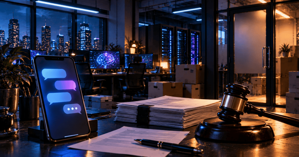 Editorial image of an AI chatbot startup office after a bankruptcy filing, with a chat interface, court documents, a gavel and packed moving boxes.