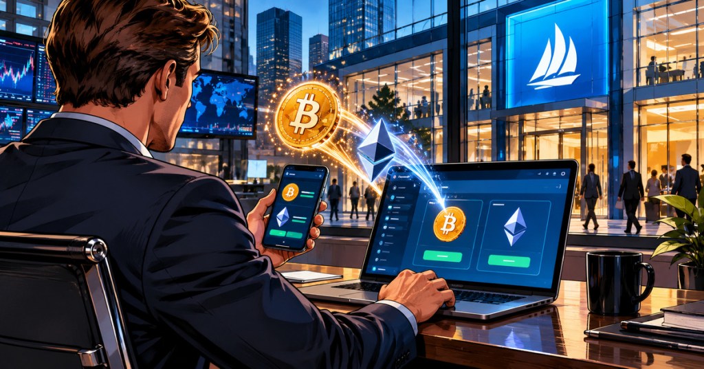 Wordless comic-style editorial illustration of direct Bitcoin and Ethereum trading on a major brokerage platform.