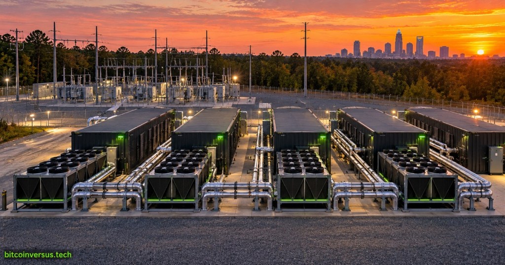 Editorial illustration of eight hydro-cooled Bitcoin mining containers and dry coolers at a Charlotte-area 10 MW site