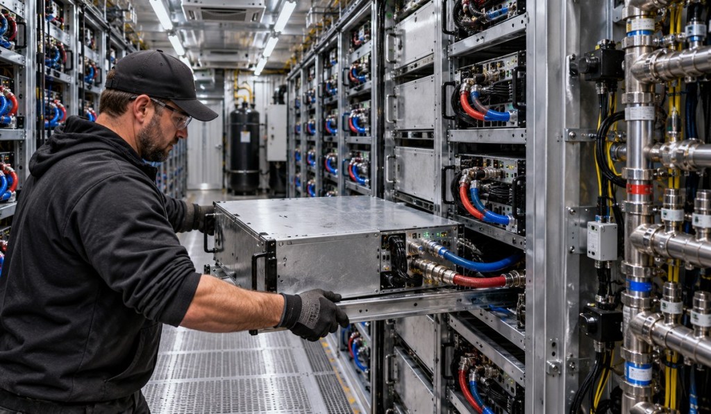 Editorial illustration of a technician sliding a heavy 3U hydro-cooled mining server from a rack with coolant hoses and manifolds
