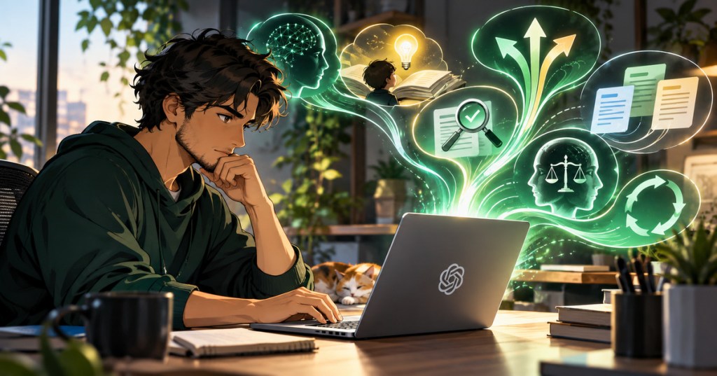 Anime-style editorial illustration of a person using ChatGPT on a laptop while branching visual paths represent prompt refinement, verification, and alternative answers.