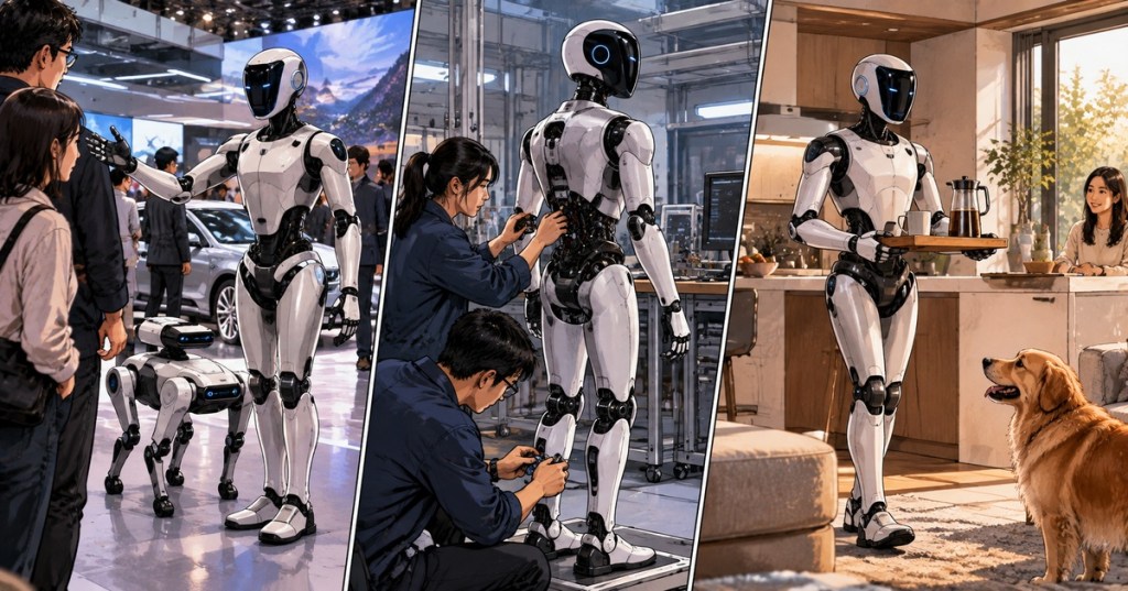 Wordless comic illustration showing a humanoid robot progressing from public demonstration to engineering development to household assistance.