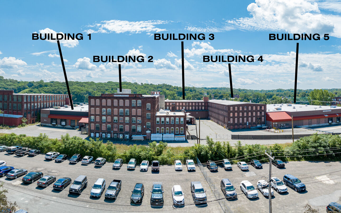 Existing former Hampden Paper industrial buildings at 100 Water Street in Holyoke, actual proposed Chestnut River data center property, labeled buildings 1 through 5