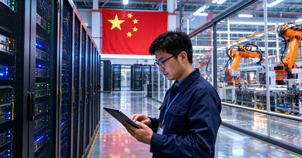 Editorial illustration of Chinese industrial data centers and smart manufacturing infrastructure