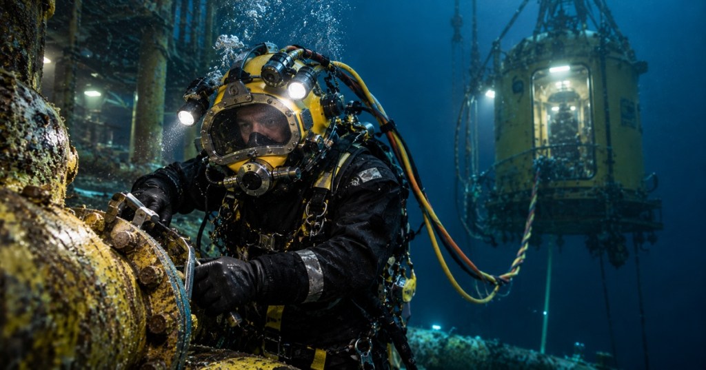 Commercial saturation diver working on a subsea pipeline with a diving bell and umbilicals in the background.