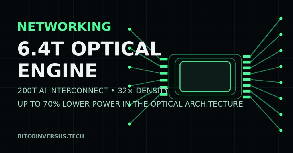Dark technical illustration of a 6.4T optical engine feeding dense AI data center interconnect links.