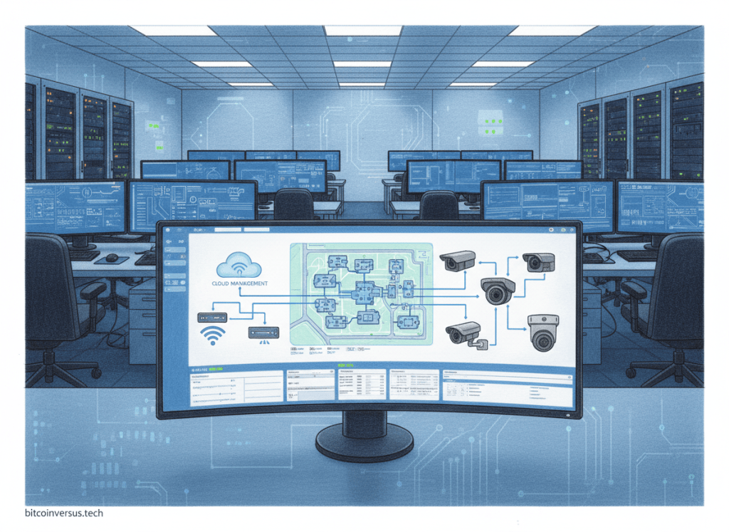 Cloud-managed enterprise network linking switches, access points and IP security cameras in one operations dashboard.