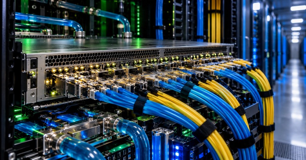 High-density liquid-cooled network switch and fiber cabling in an AI data center