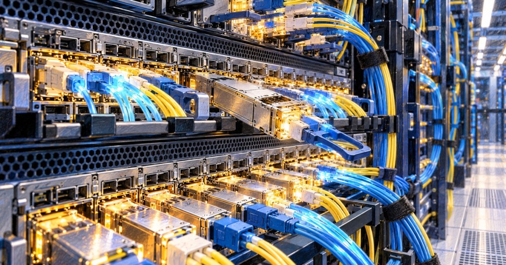 Colored-pencil editorial illustration of dense pluggable optical transceivers and fiber cabling inside an AI data center switch rack.