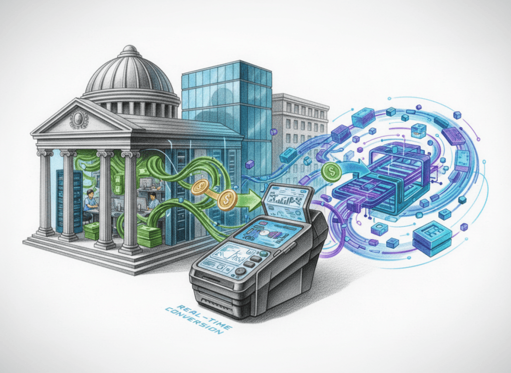 Traditional banking infrastructure connected to stablecoin payment rails and corporate checkout settlement