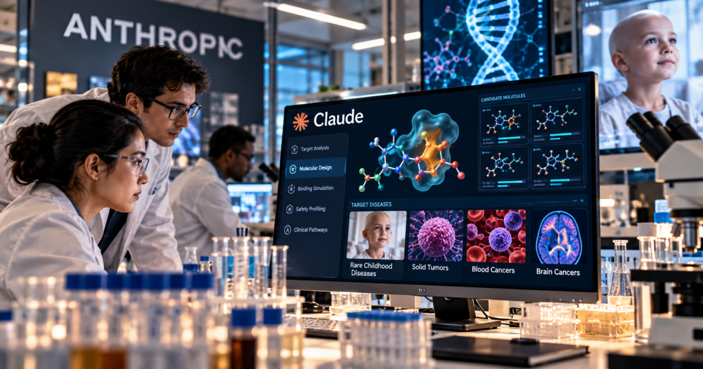 Illustration of researchers studying AI-designed candidate molecules