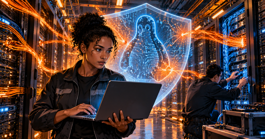 Editorial anime illustration of engineers working to secure Linux servers against network threats