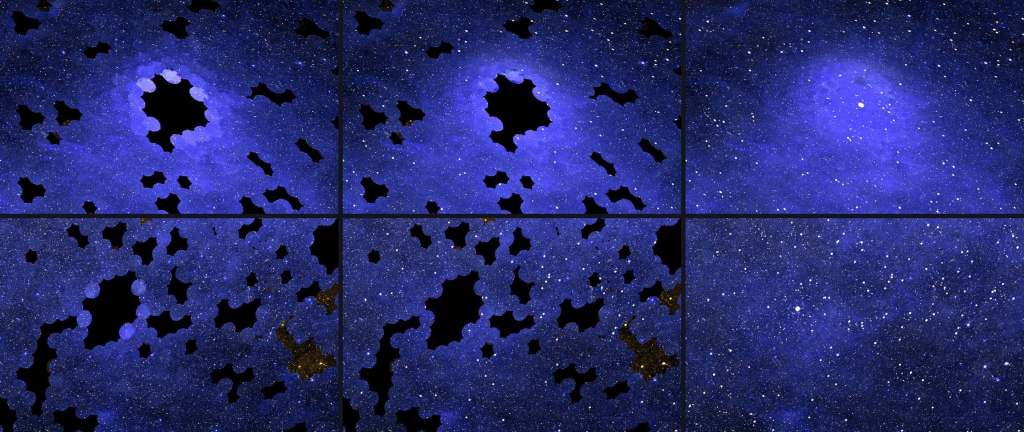 Ultraviolet sky data showing gaps being filled across a star field.