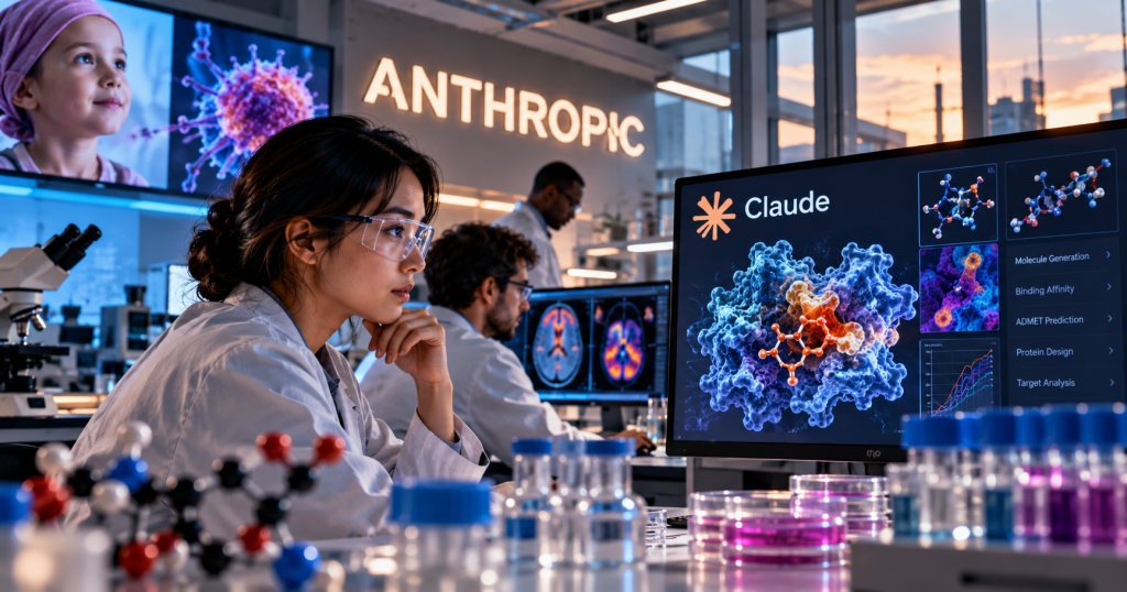 Illustration of AI-assisted drug research in a laboratory