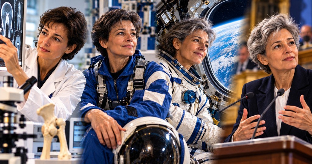 Illustrated Career News portrait of Claudie Haigneré as a medical researcher, astronaut, and French government minister