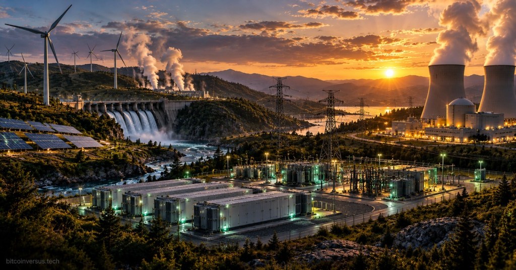 Solar, wind, hydro, geothermal, nuclear power, batteries and transmission infrastructure illustrating clean and renewable energy categories