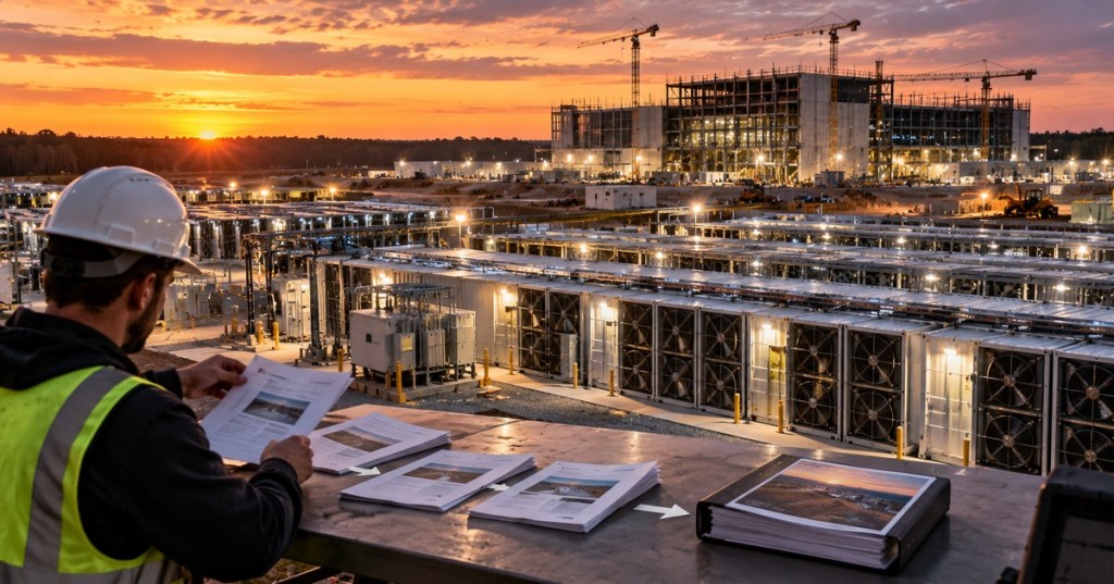 Bitcoin mining campus and data center construction site representing CleanSpark's shift from monthly to quarterly operating updates