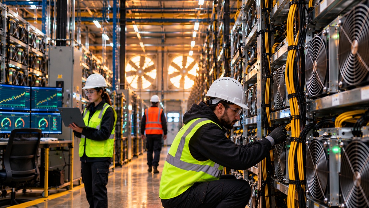 Technicians monitor and service a large Bitcoin mining facility with ASIC racks, power cabling and cooling equipment.