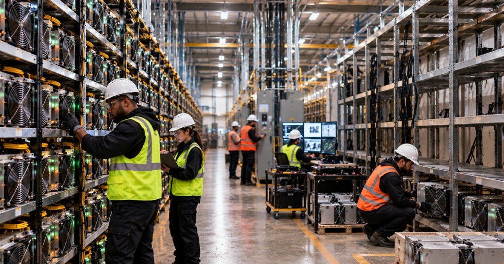 Bitcoin mining technicians inspect a partially active ASIC fleet as CleanSpark reports lower average operating hashrate in September 2026.