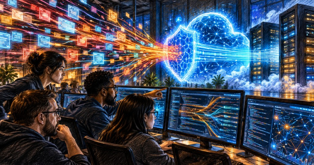 Cybersecurity engineers monitoring API traffic through a protected cloud security system.