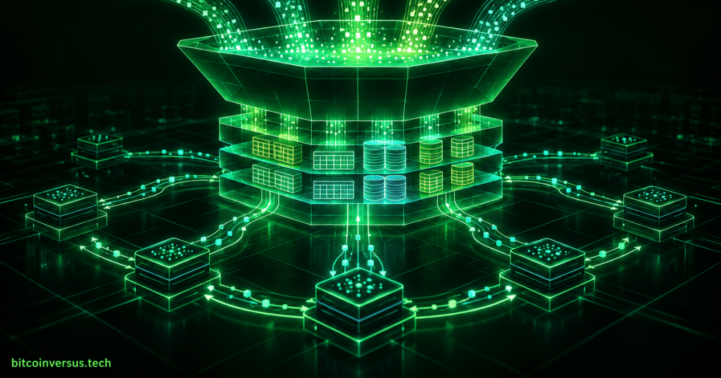 Neon data streams flowing into a geometric basin above distributed SQL and object-storage layers