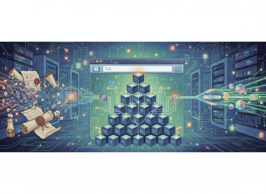 Color-pencil illustration of a TLS certificate chain transitioning into a Merkle-tree post-quantum authentication structure.