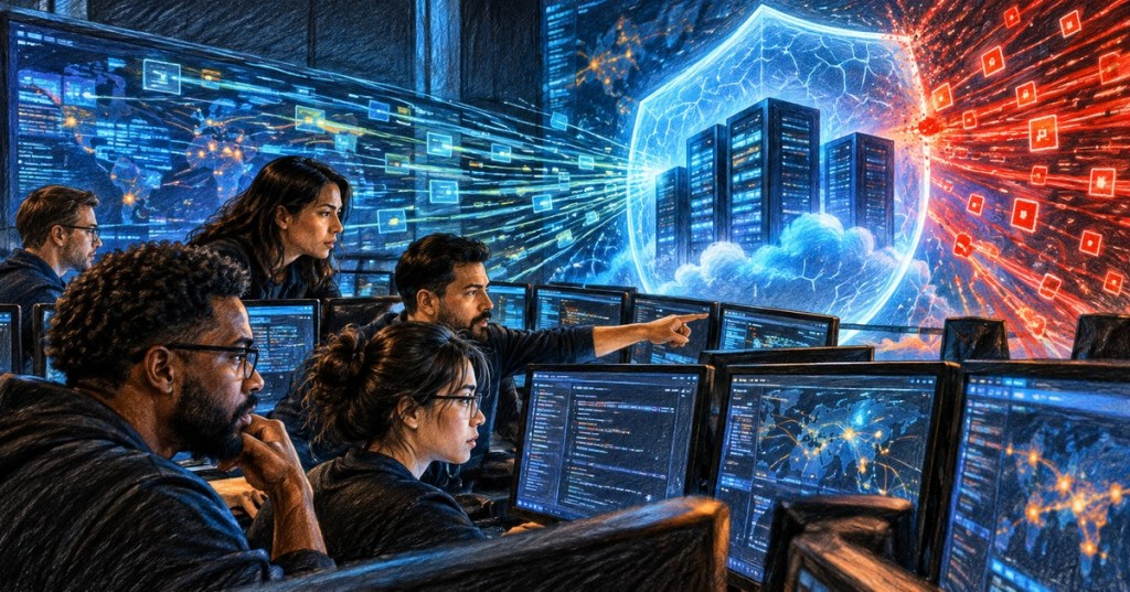 Cybersecurity engineers monitoring web application firewall protections in a modern security operations center.