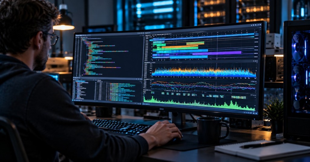 Software developer analyzing CMake build and test performance timelines on an ultrawide monitor.
