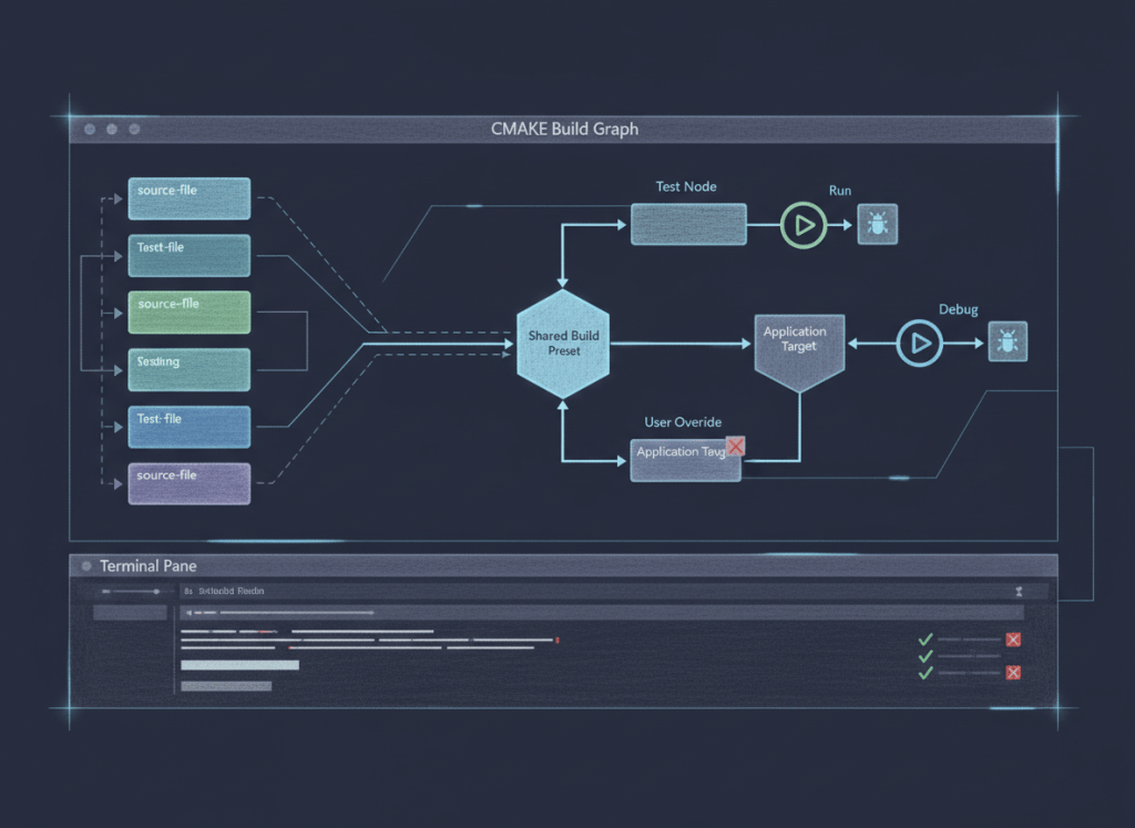 Color-pencil illustration of a C++ project in a code editor with CMake build targets, CTest run/debug paths, and a separate user-preset override.