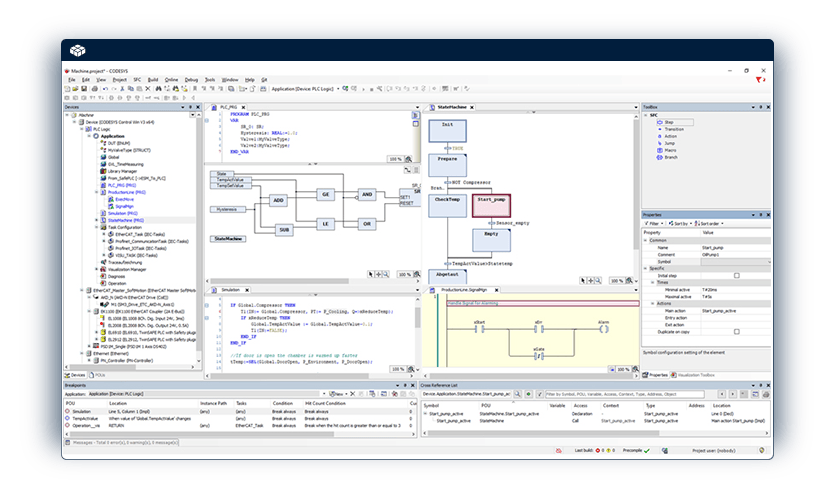 CODESYS development system showing PLC project hierarchy, structured text, graphical logic, and task configuration.