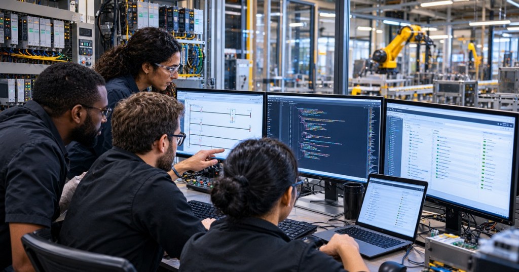 A diverse industrial automation team reviews ladder logic, structured text, and version-control workflows beside PLC racks and robotic machinery.