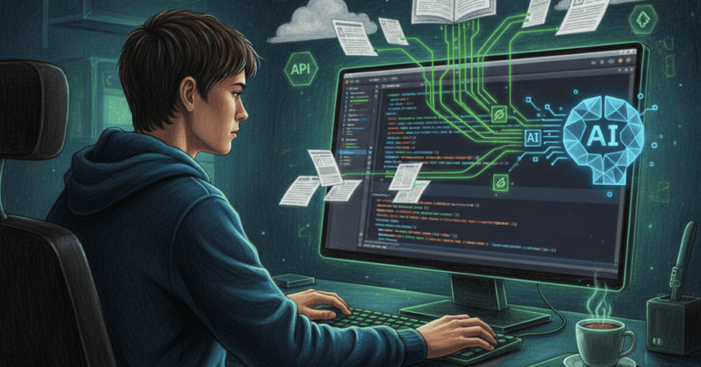 Colored-pencil illustration of a developer using an AI coding assistant grounded in live technical documentation.