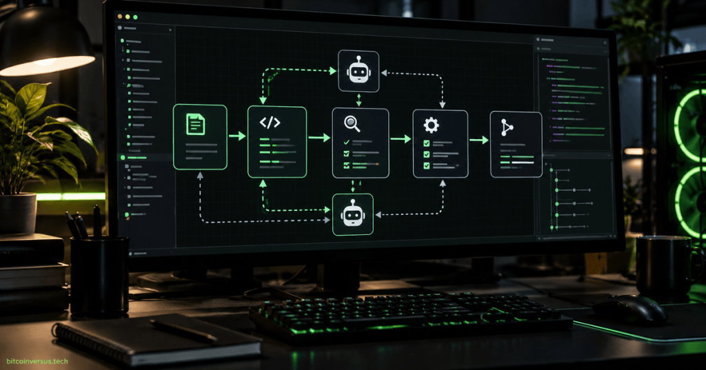 Developer workstation showing a multi-agent coding workflow with implementation, review, testing and merge stages