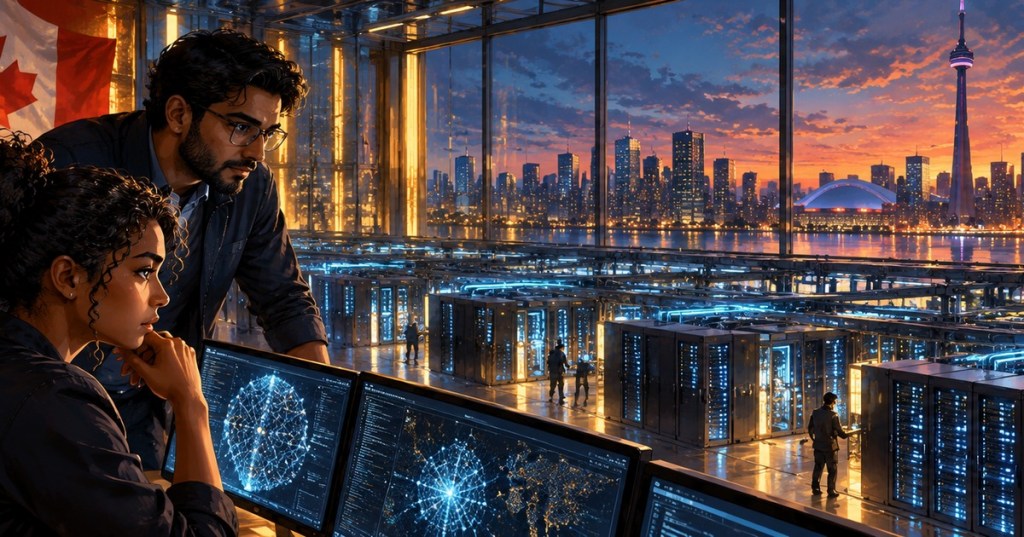 Illustrated Canadian AI engineers overlooking a Toronto data center at sunset, with the CN Tower in the background
