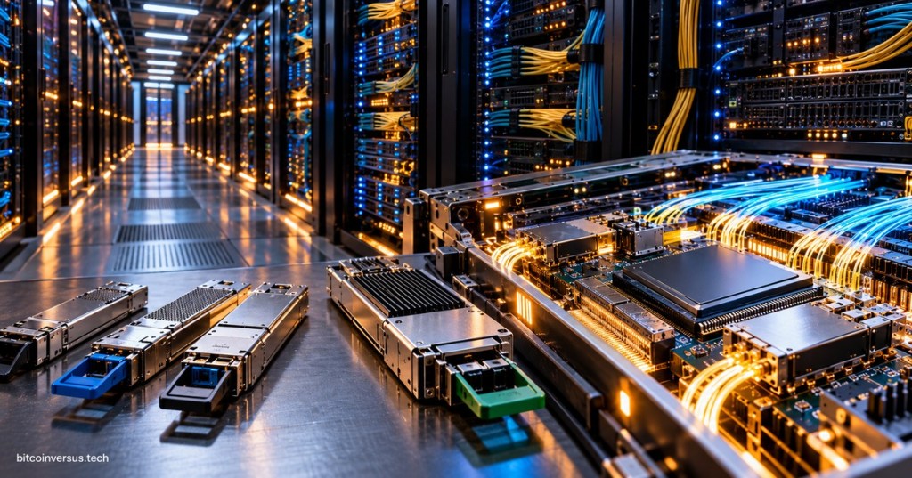 AI data center networking chassis with optical transceivers and dense fiber links for 6.4T photonics infrastructure